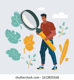 Cartoon vector illustration of man looking through a magnifying glass. Searching concept.