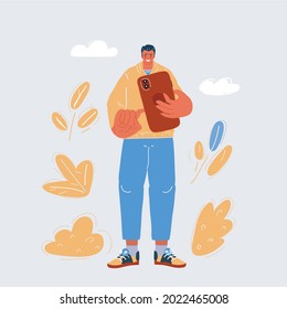 Cartoon vector illustration of Man looking at his cellphone