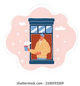 Cartoon vector illustration of man looking through window