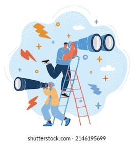 Cartoon vector illustration of man looking through binocular and woman look through Spyglass it another directionon