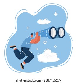 Dibujo vectorial de dibujos animados del hombre mirando a través de binoculares y volando en el cielo