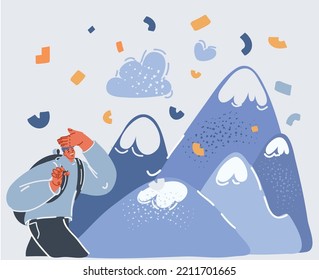 Dibujo vectorial del hombre mirando las montañas. Paisaje montañoso. Buenos días en las montañas. Turismo, deporte y viajes.