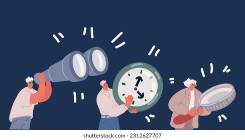 Cartoon vector illustration of man looking throught binocular. Holding clock and magnifying glass over dark background