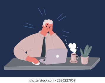 Dibujo vectorial de caricatura de un hombre mirando una laptop con una expresión dudosa