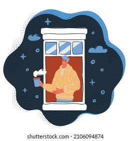 Cartoon vector illustration of man looks at night city from his window.