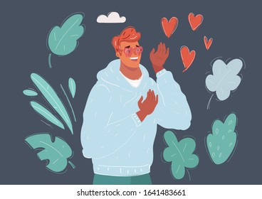 Cartoon vector illustration of man in love. Fall in love, emoji, facial expression, emotional face. Wearing pink glasses and heart around him on dark background.