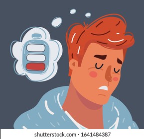 Cartoon Vektorgrafik des Menschen mit niedriger Batterie, erprobte Person Konzept. Abendmüdigkeit.