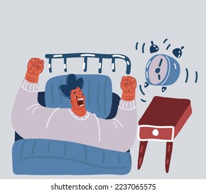 Cartoon vector illustration of man lying in bed angry at alarm clock. Wake up late at morning. Character is in rush