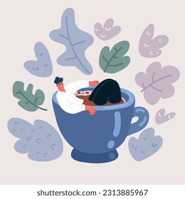 Cartoon vector illustration of man is lying in the big mug of coffee. Tea Coffee Break, Cup Mug