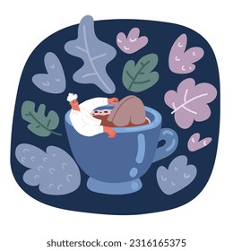 Cartoon vector illustration of Man lying in cup of tea or coffee over dark background