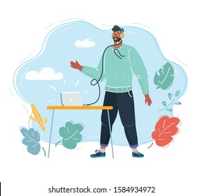 Cartoon vector illustration of Man make a video call by laptop