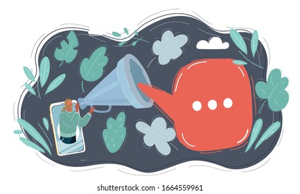 Cartoon vector illustration of man make statement on screen of phone. Loudspeaker and speech bubble