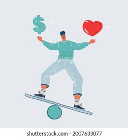 Cartoon vector illustration of man make is balancing choice and balanced between love and money on white background.