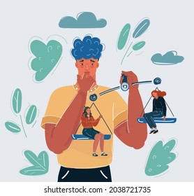 Cartoon vector illustration of man make choice between two woman sitting at scale.