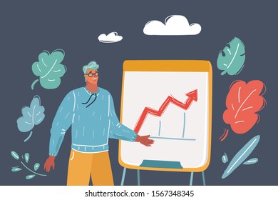 Cartoon vector illustration of Illustration of a man makes presentation. Character on dark background.
