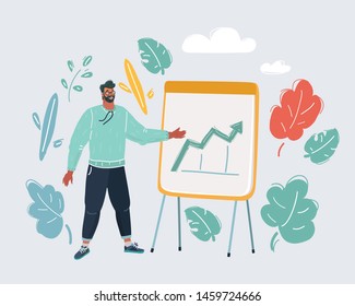 Cartoon vector illustration of man making a presentation at office. Presentation to his colleagues during meeting or business training, explaining new business concept and strategy. White background.