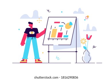 Dibujo vectorial de un hombre haciendo una presentación en la oficina. Presentación a sus colegas durante la reunión o la formación empresarial, explicando el nuevo concepto y estrategia de negocio. Fondo blanco.