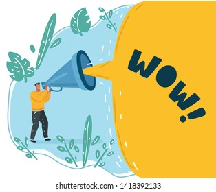Cartoon vector illustration of man, manager shouting to the speaker. Male character says something important.