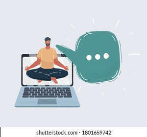 Cartoon vector illustration of man meditating on desktop with blank laptop screen.