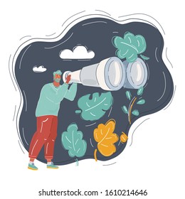 Cartoon vector illustration of man observers with binoculars on dark.