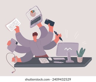 Dibujo vectorial de un hombre en el cargo. Exitoso y ocupado empresario multitarea. Workaholic