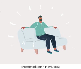 Cartoon vector illustration of Man on sofa and relax. Procrastination, rest, after a working day, vacation concept. Human character on white background.