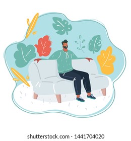 Cartoon vector illustration of Man on couch relaxing. procrastination, rest, after a working day, vacation concept.