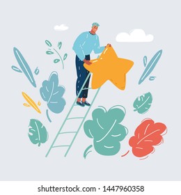 Cartoon vector illustration of man on a ladder to pick the star above cloud.
