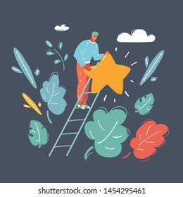 Cartoon vector illustration of man on a ladder to pick the star above cloud. Creative concept of dream.