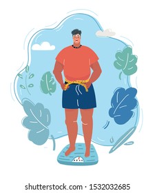 Cartoon vector illustration of Man on Scale frightened excess weight.