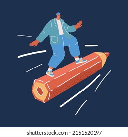 Cartoon vector illustration of man on big pencil. Journalist, blogger, writer, artist, copywriter over dark backround.