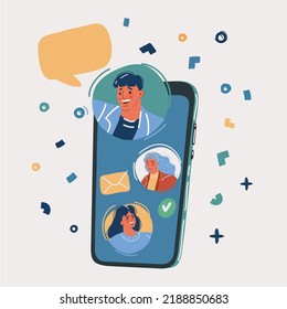 Dibujo vectorial de caricatura de un hombre en la pantalla del smartphone