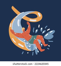 Cartoon vector illustration of man on water slider at the beach over dark background