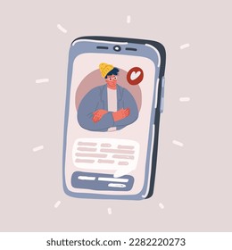 Cartoon vector illustration of man on display of smart phone