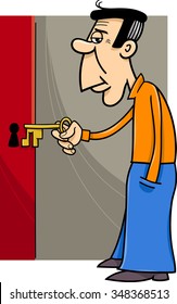 Cartoon Vector Illustration of Man Opening Door with Key