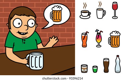 Cartoon vector illustration of man ordering drink in bar with speech bubble and selection of drinks to choose from, drink can be changed