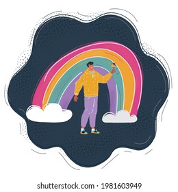 Cartoon vector illustration of Man paint rainbow on dark