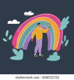 Cartoon vector illustration of The man paint a rainbow on dark background.