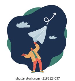 Cartoon vector illustration of man with paper plane over dark backround