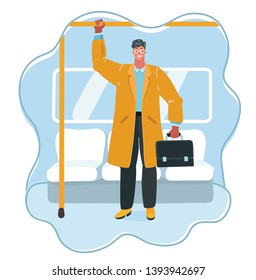 Cartoon vector illustration of man is a passenger on a bus. A young man hold on to the rail. Human character in coat and briefcase.