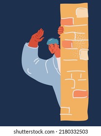Cartoon, Vektorgrafik von Mann, der hinter der Wand auf dunklem Hintergrund pinkelt