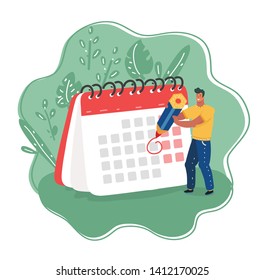 Cartoon vector illustration of man with pencil and calendar. Business Operations Planning and Scheduling Concept.