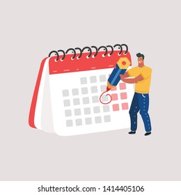 Cartoon vector illustration of man with pencil and calendar. Planning and Scheduling Concept. Human character on white background.