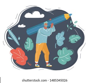 Cartoon vector illustration of man with a pencil. Writer, bloggers, journalists, interviewer, screenwriter, copywriter, author, draftsman