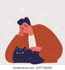 Dibujo vectorial de un hombre mastica a su gato negro.