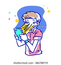 Cartoon vector illustration of a man in pink shirt with face glued to screen of fluorescent green smart phone in his hand