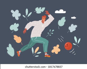 Cartoon vector illustration of the man, a playing bowling on dark background.