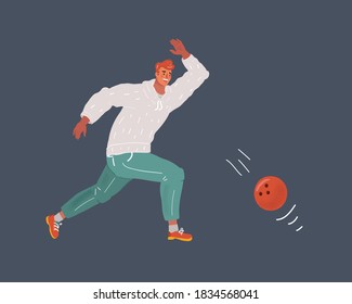 Cartoon vector illustration of man, a playing bowling on dark background.