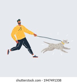 Cartoon vector illustration of Man playing and run with his dog. raining and walking concept on white.