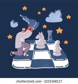 Cartoon vector illustration of Man playing chess over dark background